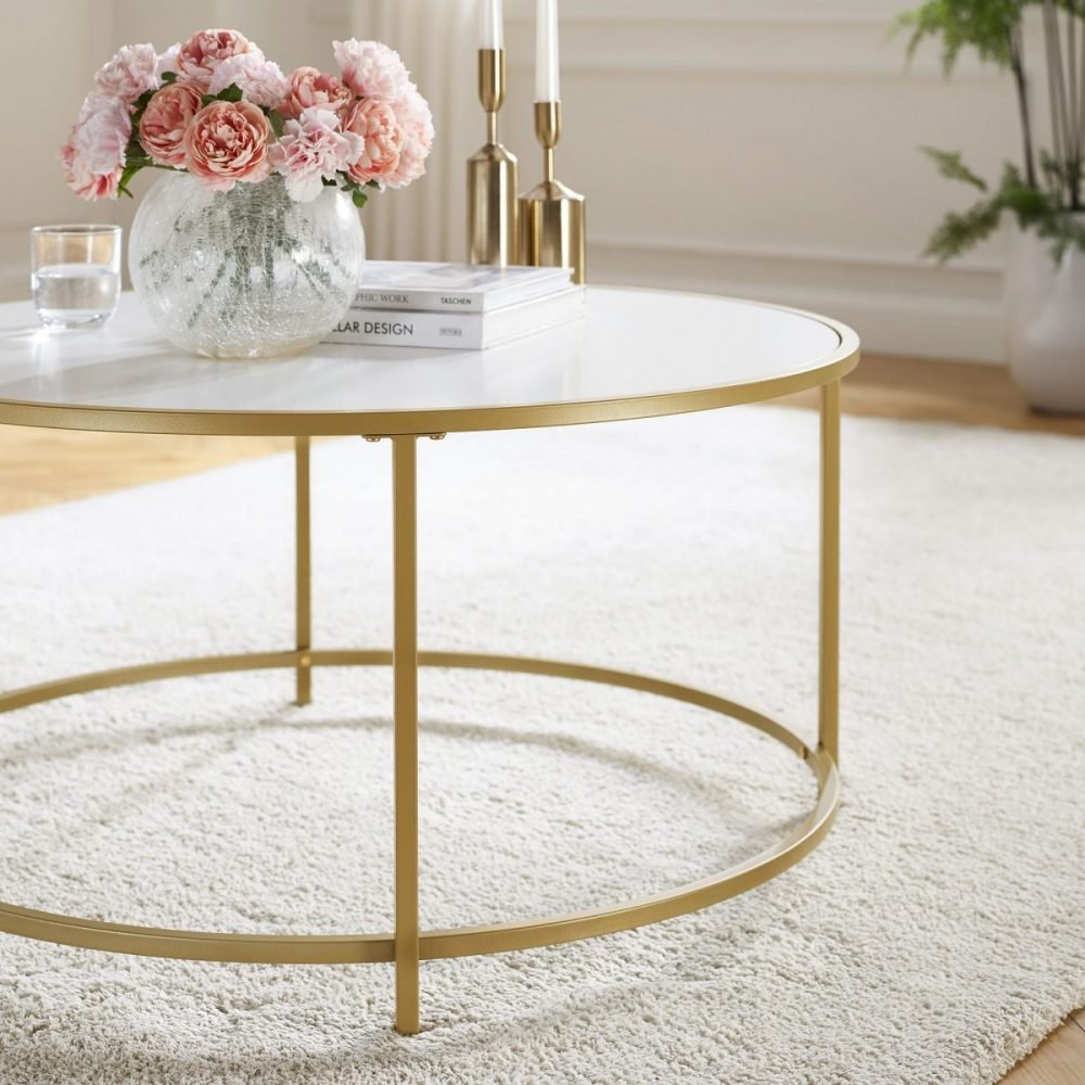 Mesa de centro redonda con tapa blanca y estructura dorada, 84 cm - Imagen 6
