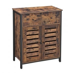 Aparador con dos cajones y puertas estilo persiana, marrón