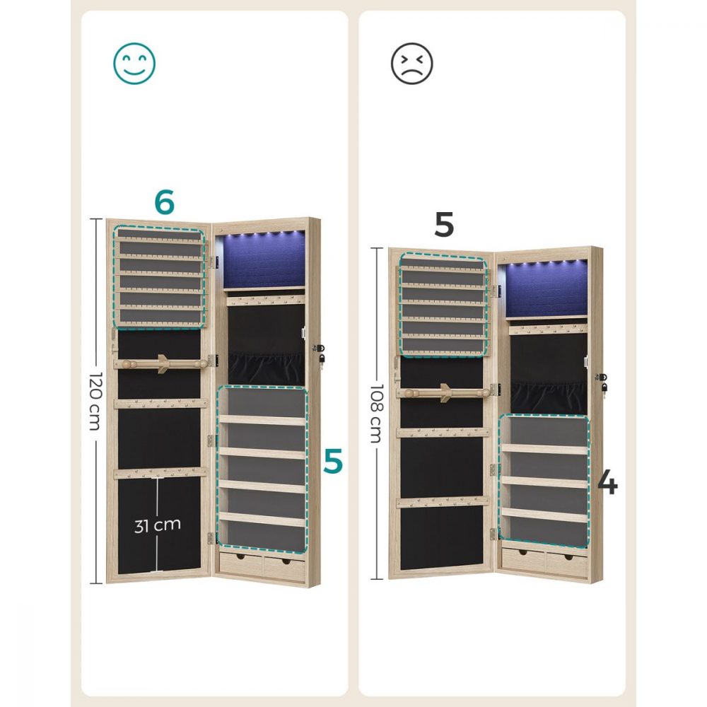 Espejo joyero con armario y luz led, montaje puerta o pared, roble - Imagen 7