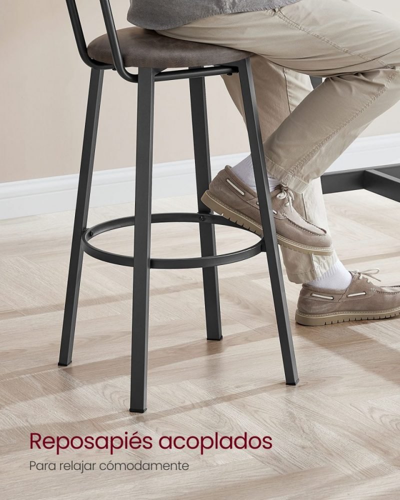 Set de 2 taburetes de bar industrial, tapizados, con reposapiés, marrón café - Imagen 5