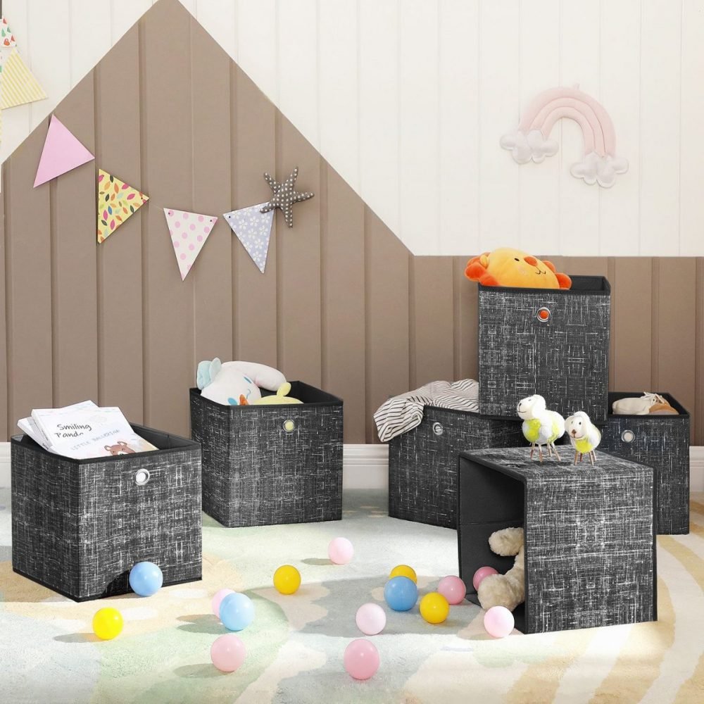 Set de 6 cajas de almacenaje plegables de tela, cubos 30x30x30 cm, negro jaspeado - Imagen 2