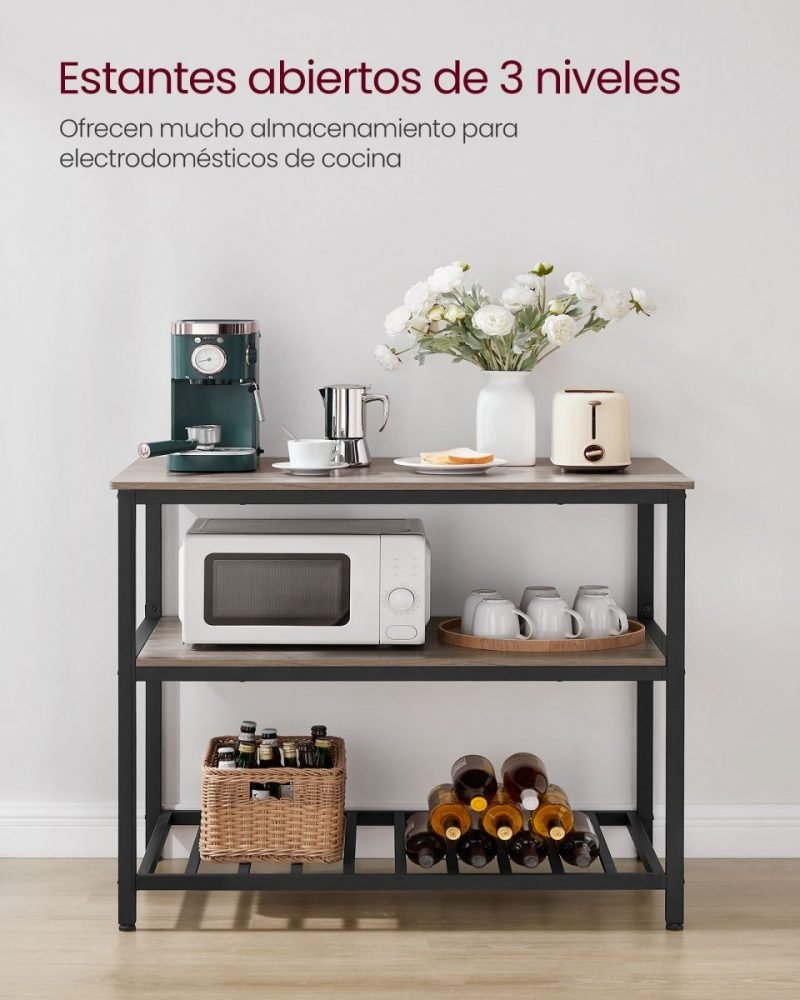 Isla de cocina estilo industrial, estantería de 3 niveles, greige - Imagen 3