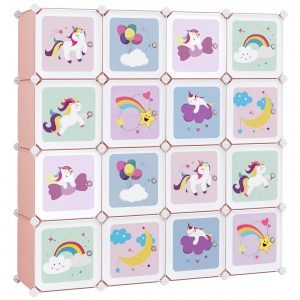 Armario modular infantil con 16 cubos y puertas, rosa