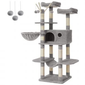 Árbol para gatos de 164 cm, incluye perchas, cueva, hamaca, gris claro
