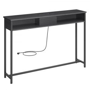 Mesa de consola delgada con multienchufe integrado, gris ahumado