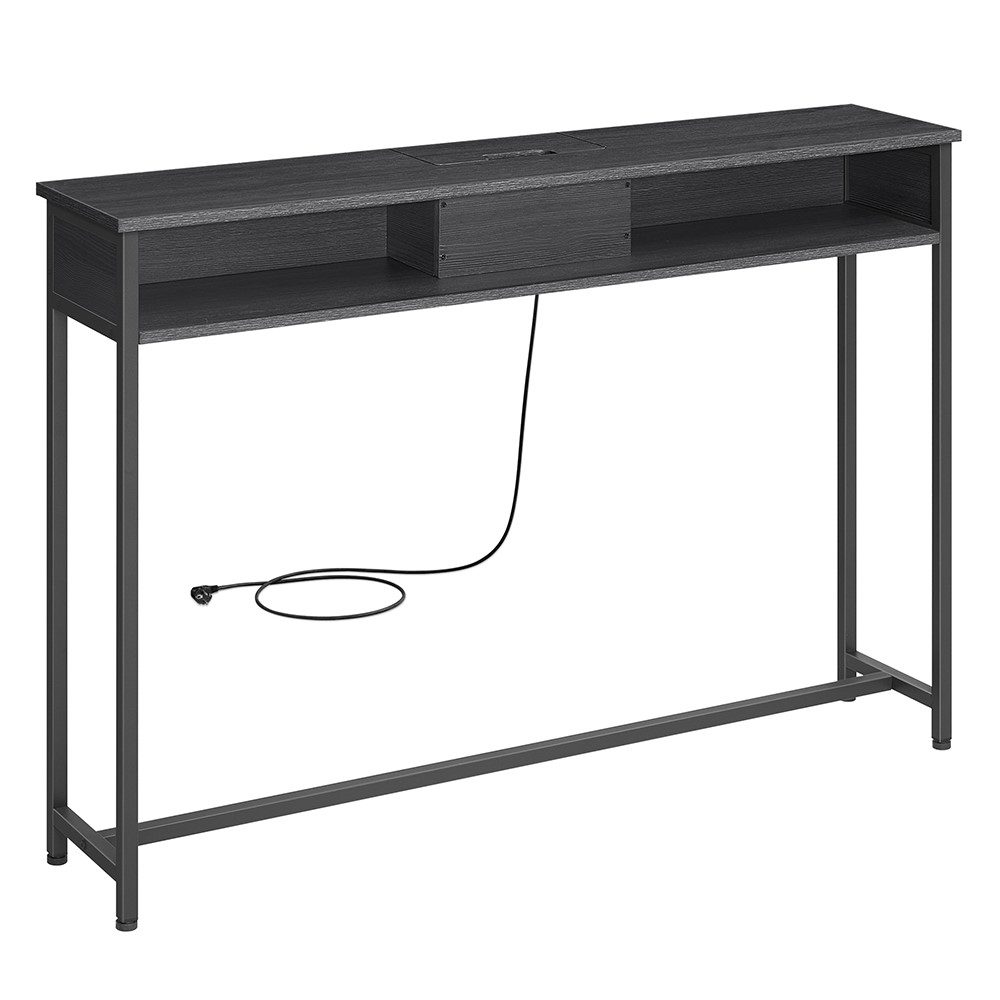 Mesa de consola delgada con multienchufe integrado, gris ahumado