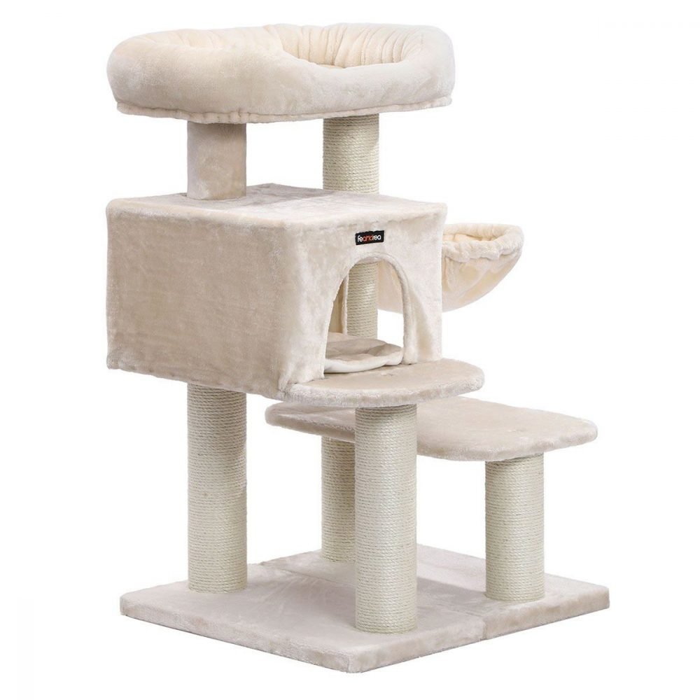 Rascador para gatos con plataforma y tumbona, beige