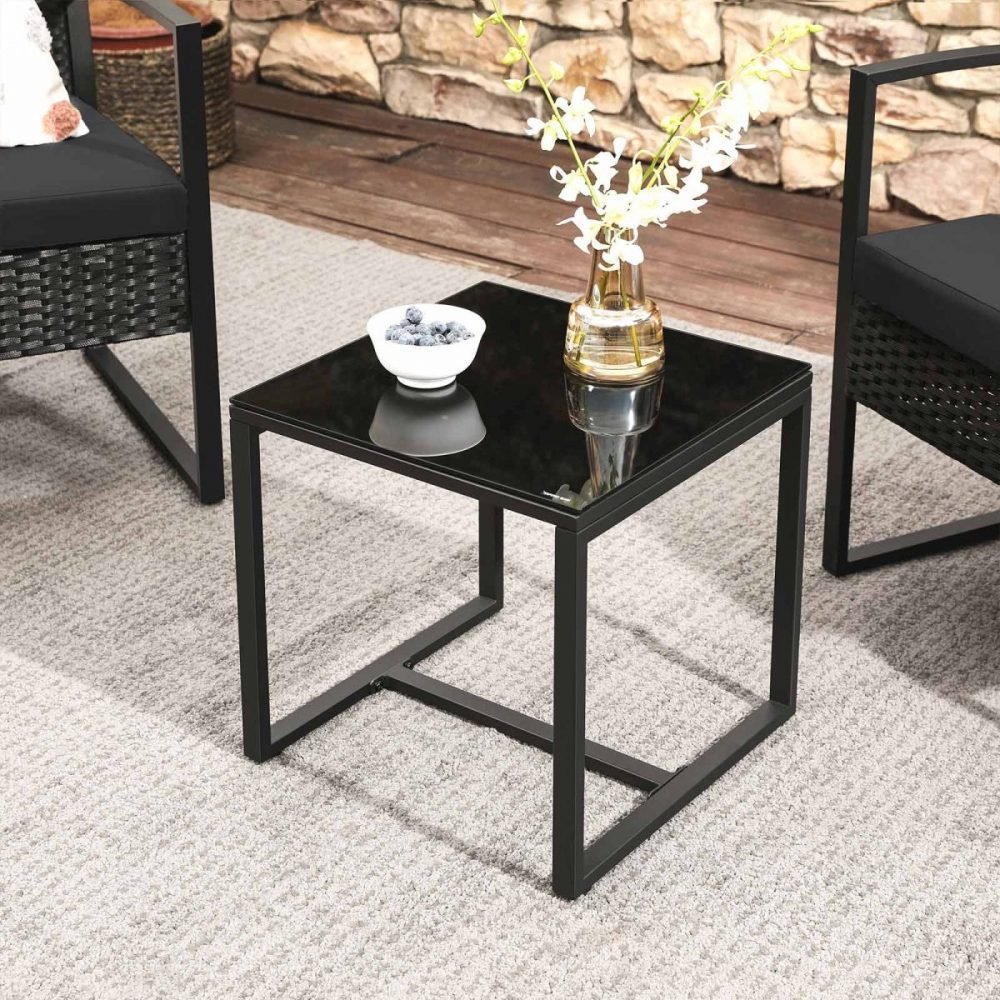 Conjunto muebles ratán jardín 3 piezas, sillas y mesa, negro y gris - Imagen 4