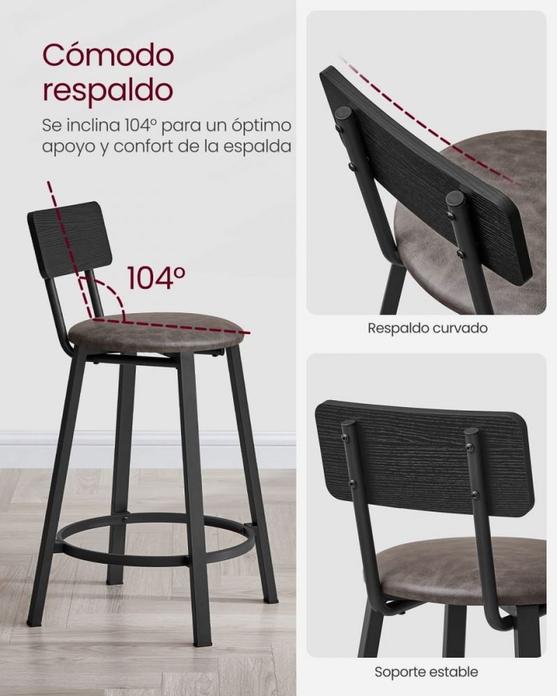 Taburetes de bar con respaldo, set de 2, 39x39x82 cm, marrón café - Imagen 4