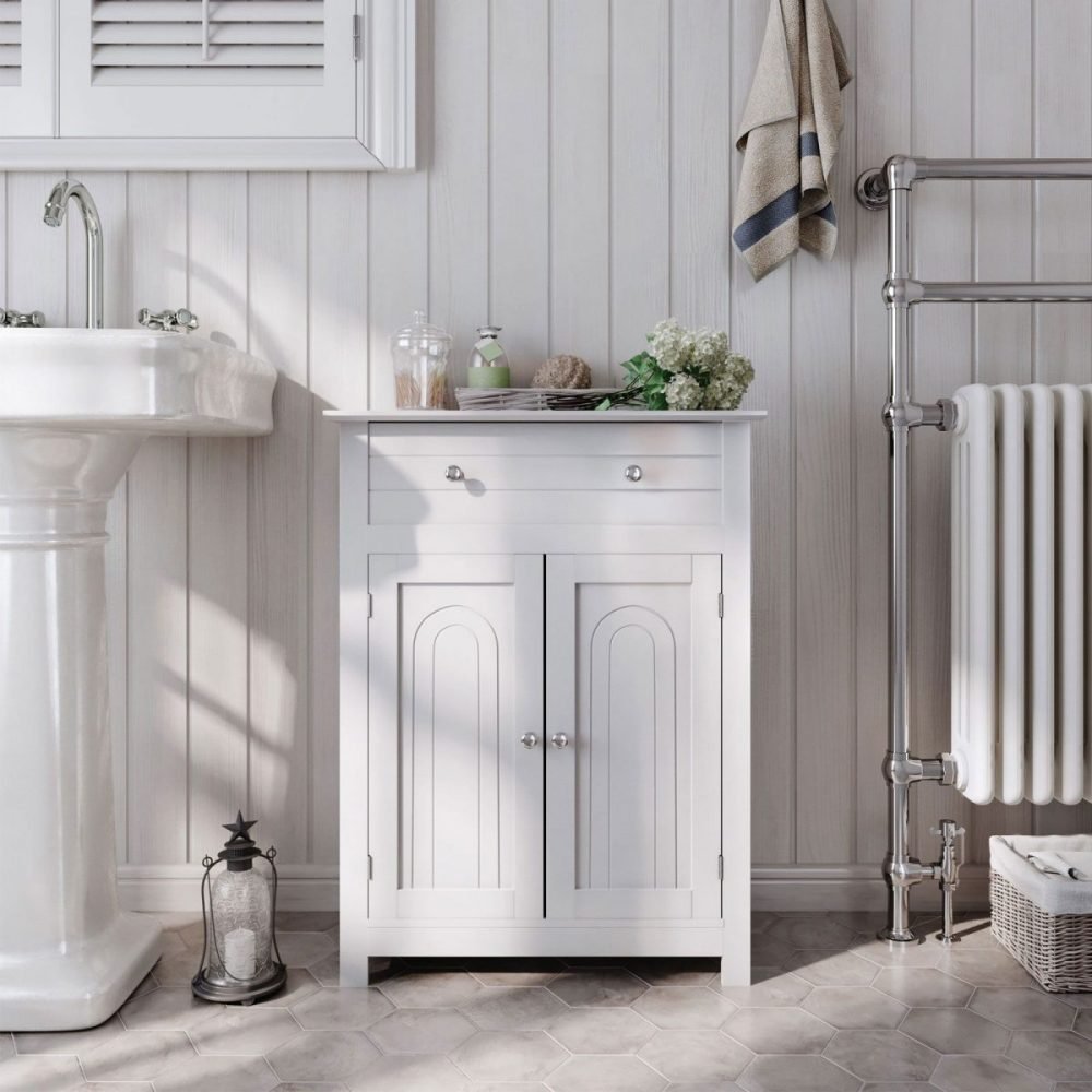 Armario de baño con cajón, balda ajustable, blanco - Imagen 5