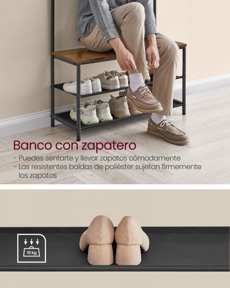 Perchero recibidor industrial con banco zapatero, 32.2x84x180 cm - Imagen 4