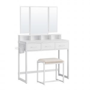Tocador con espejo triple, taburete y 3 cajones, blanco