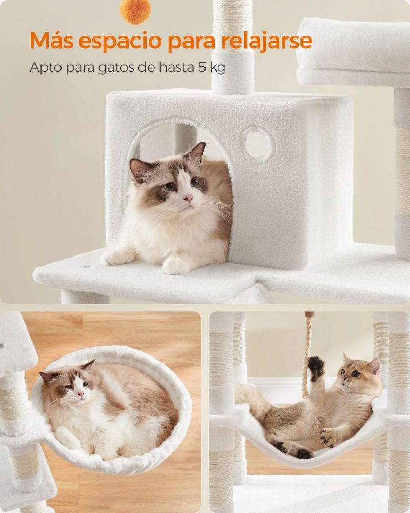 Rascador gatos multinivel 168 cm, torre, plataformas, blanco - Imagen 5