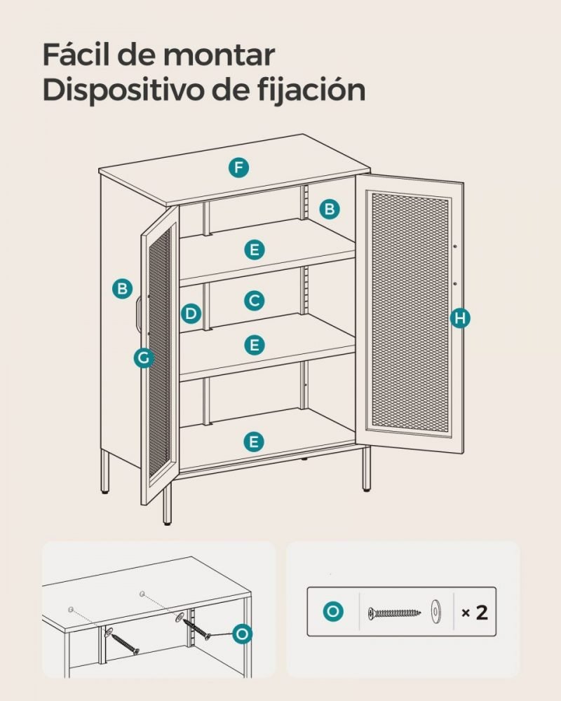 Aparador de metal con puertas de malla, blanco, 3 niveles - Imagen 8