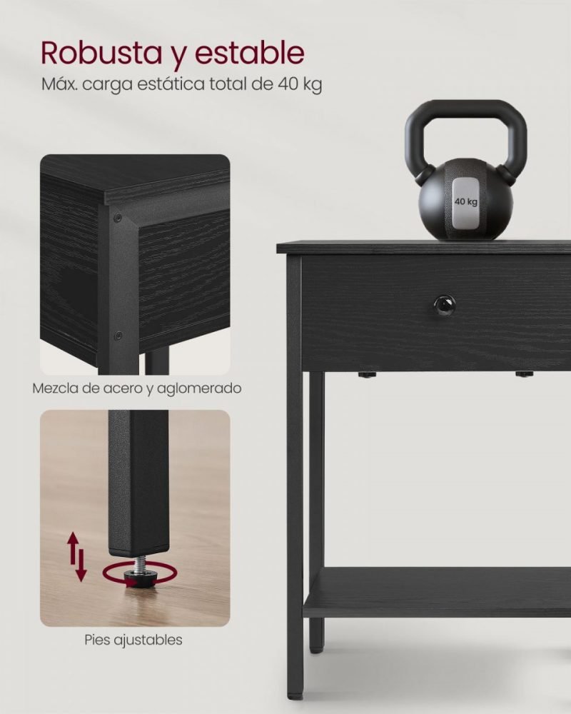 Mesita de noche con cajón y estante, acero, negro ébano - Imagen 4