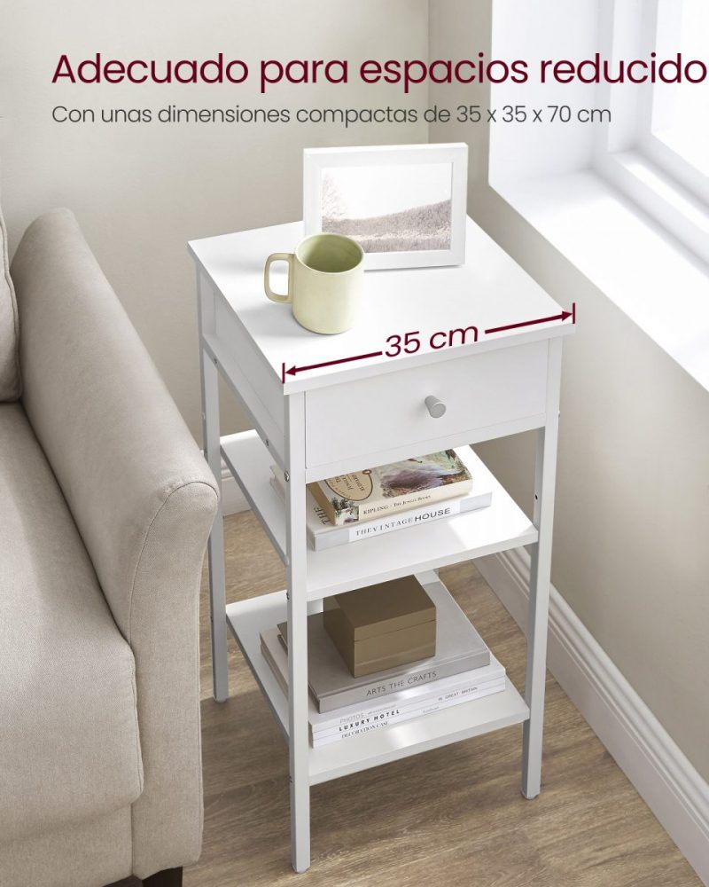 Mesita de noche con cajón y 2 estantes, blanco - Imagen 4