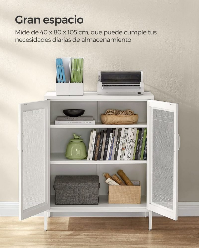Aparador de metal con puertas de malla, blanco, 3 niveles - Imagen 3