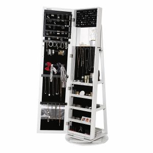 Armario joyero con espejo giratorio 360°, blanco madera