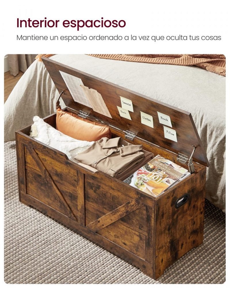 Banco almacenaje vintage, tapa bisagras seguridad, marrón rústico - Imagen 4