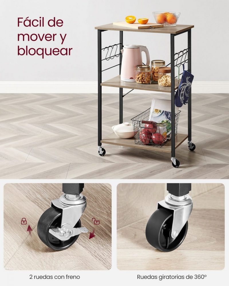 Carrito de servicio con ruedas, estantería de cocina de 3 niveles, gris - Imagen 5