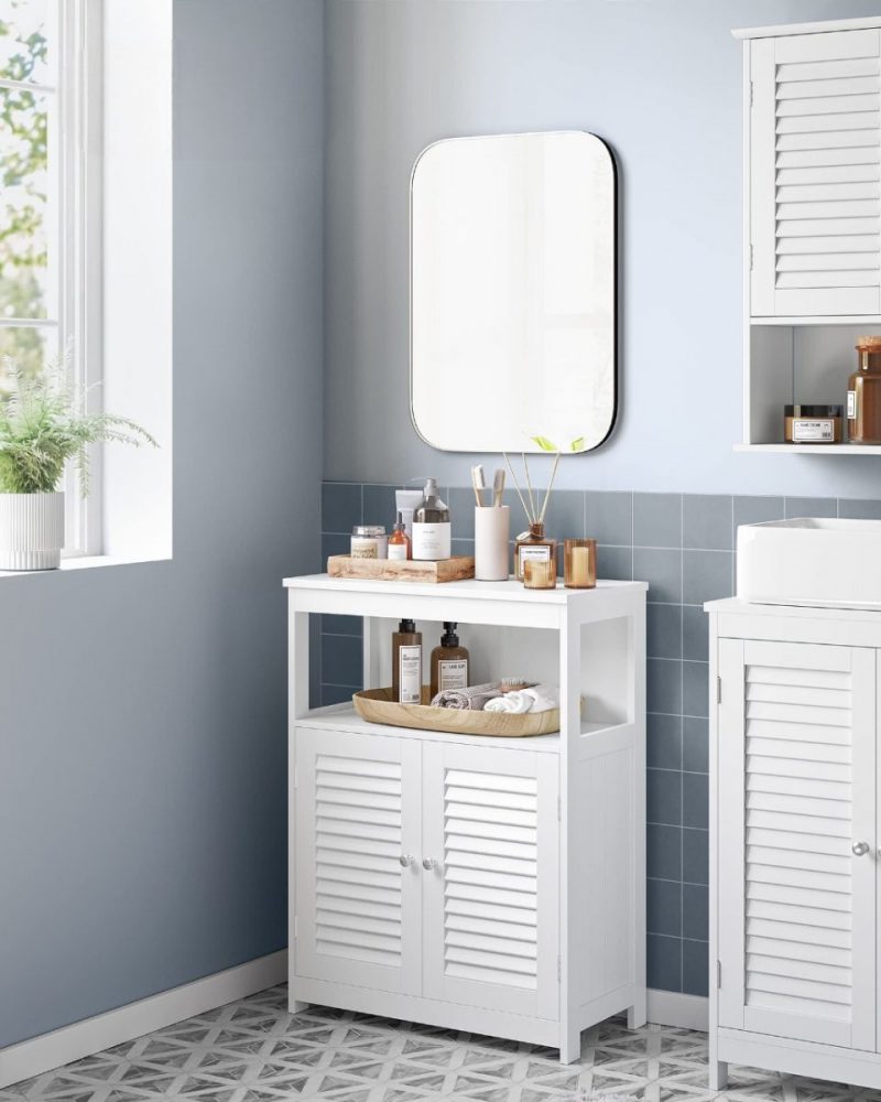 Armario baño 2 puertas estilo persiana, diseño rústico, blanco - Imagen 4