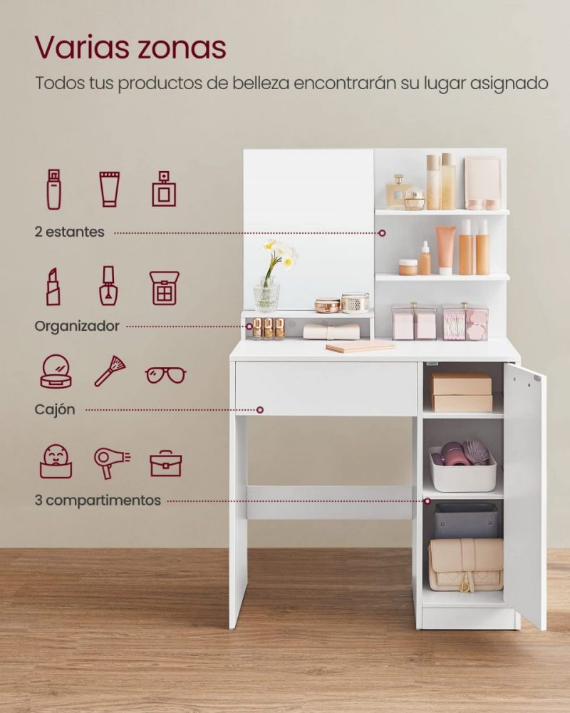 Tocador moderno con espejo grande, estantes ajustables, blanco - Imagen 5