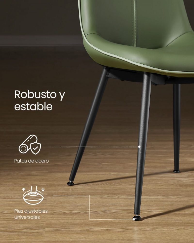 Juego 2 sillas comedor tapizado, respaldo curvo, patas acero, verde bosque - Imagen 6