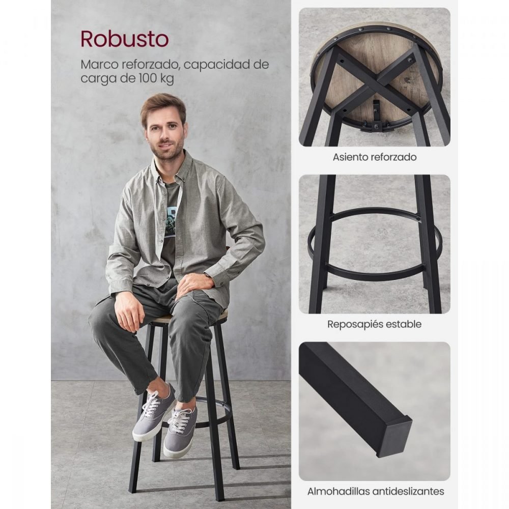 Juego de 2 taburetes altos de cocina, estilo industrial, greige - Imagen 4