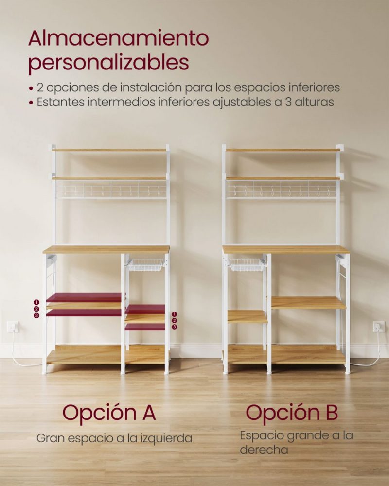 Estantería de cocina con soporte para microondas y barra, roble dorado y blanco nube - Imagen 5