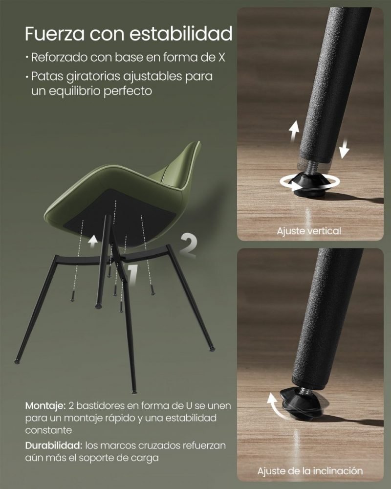 Juego 2 sillas comedor tapizado, respaldo curvo, patas acero, verde bosque - Imagen 8