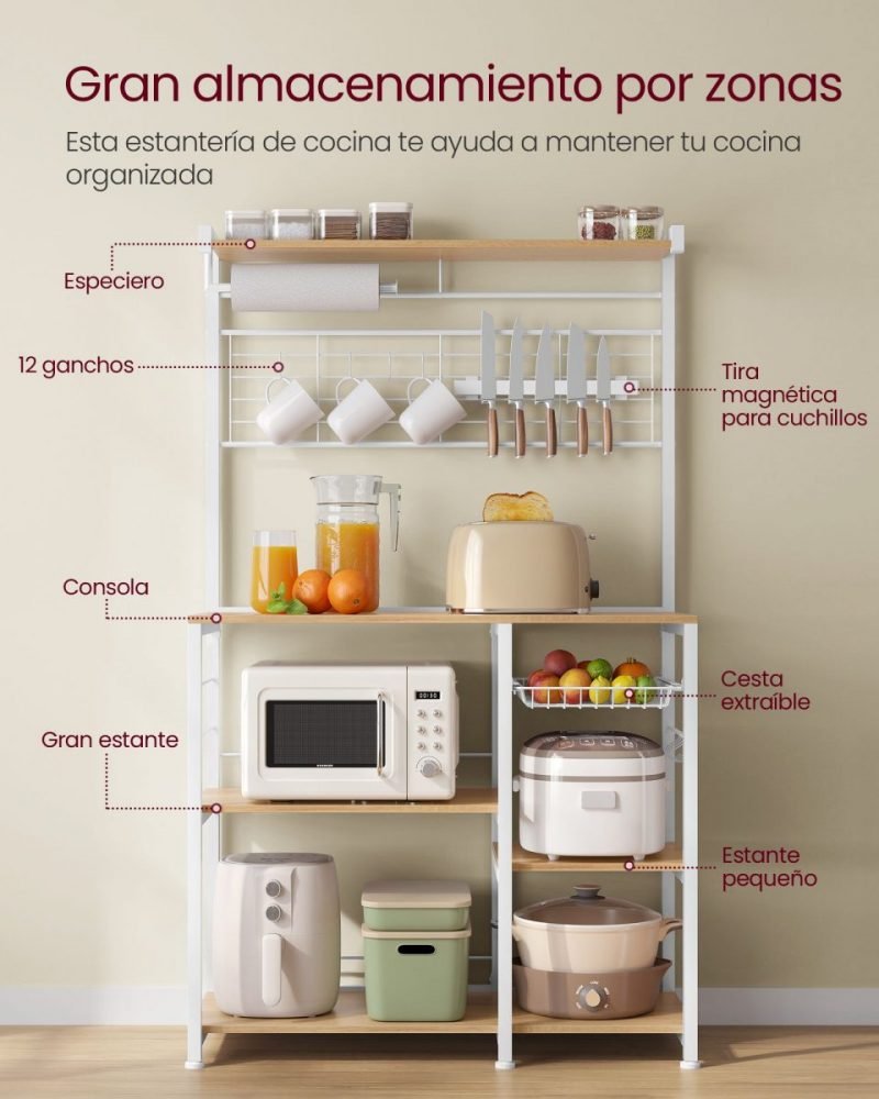Estantería con isla de cocina, tira magnética y soporte rollos, roble dorado - Imagen 3
