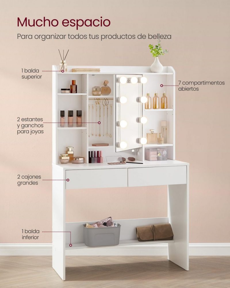 Tocador moderno con luces led ajustables, espejo y 2 cajones - Imagen 5