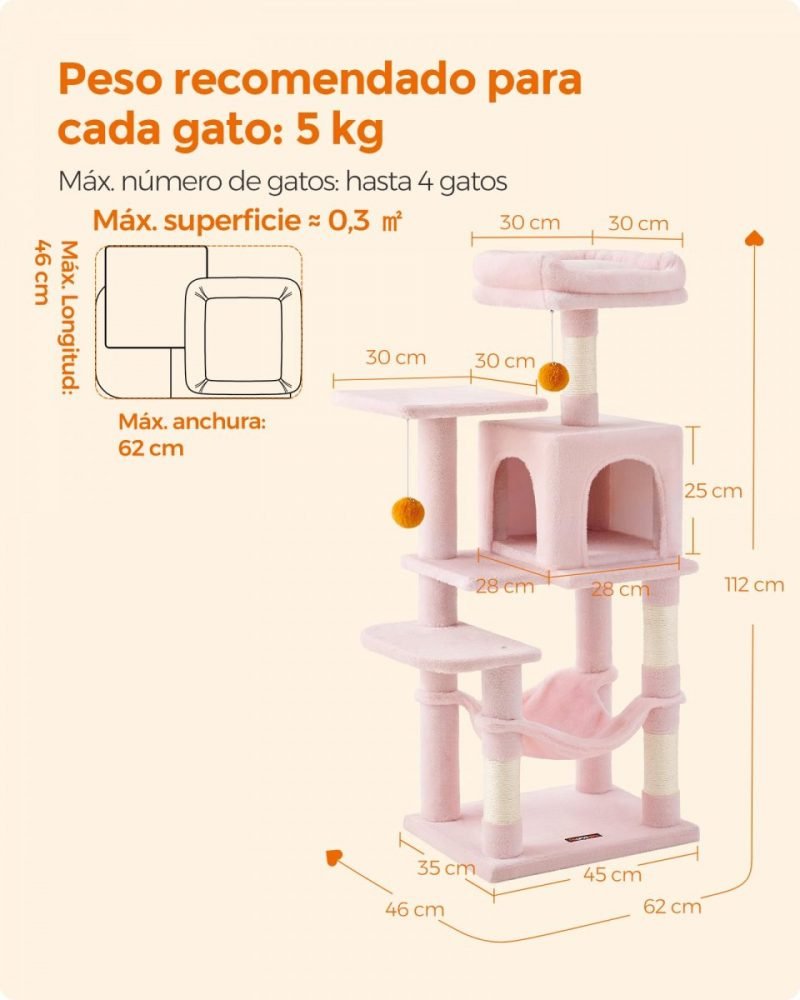 Árbol para gatos multinivel de 112 cm, postes rascadores, rosa caramelo - Imagen 6