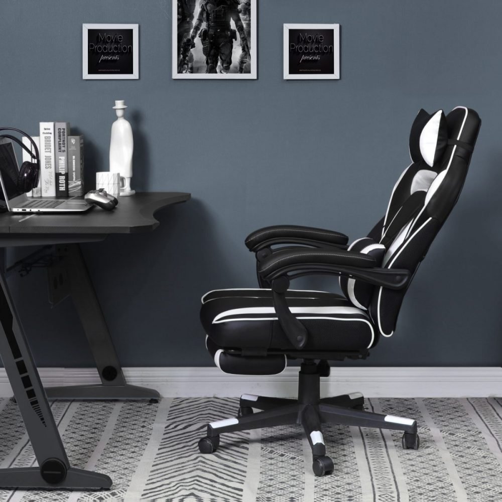 Silla oficina gaming ergonómica, reposapiés telescópico, 150 kg, blanco - Imagen 7
