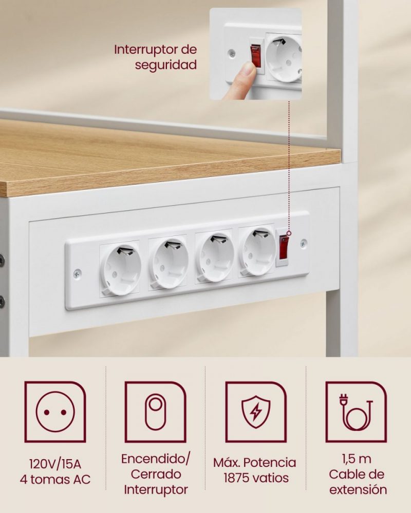 Estantería de cocina con soporte para microondas y barra, roble dorado y blanco nube - Imagen 6