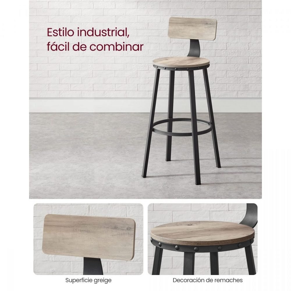 Juego de 2 taburetes altos de cocina, estilo industrial, greige - Imagen 3