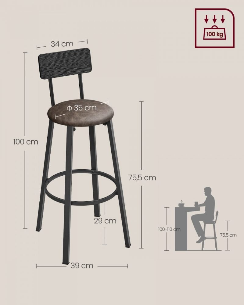 Set de 2 taburetes de bar industrial, tapizados, con reposapiés, marrón café - Imagen 8