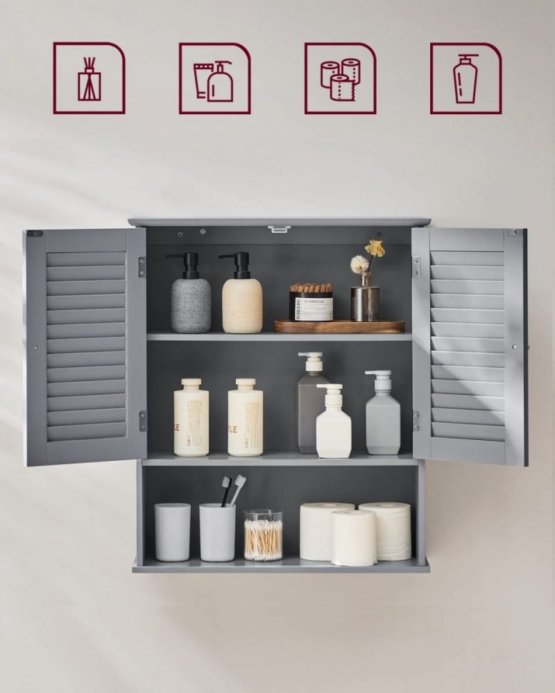 Armario colgante baño, puertas persiana, estante ajustable, gris ahumado - Imagen 5