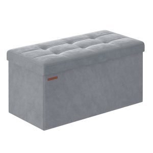 Banco almacenaje terciopelo, reposapiés, 2 cajas, gris paloma