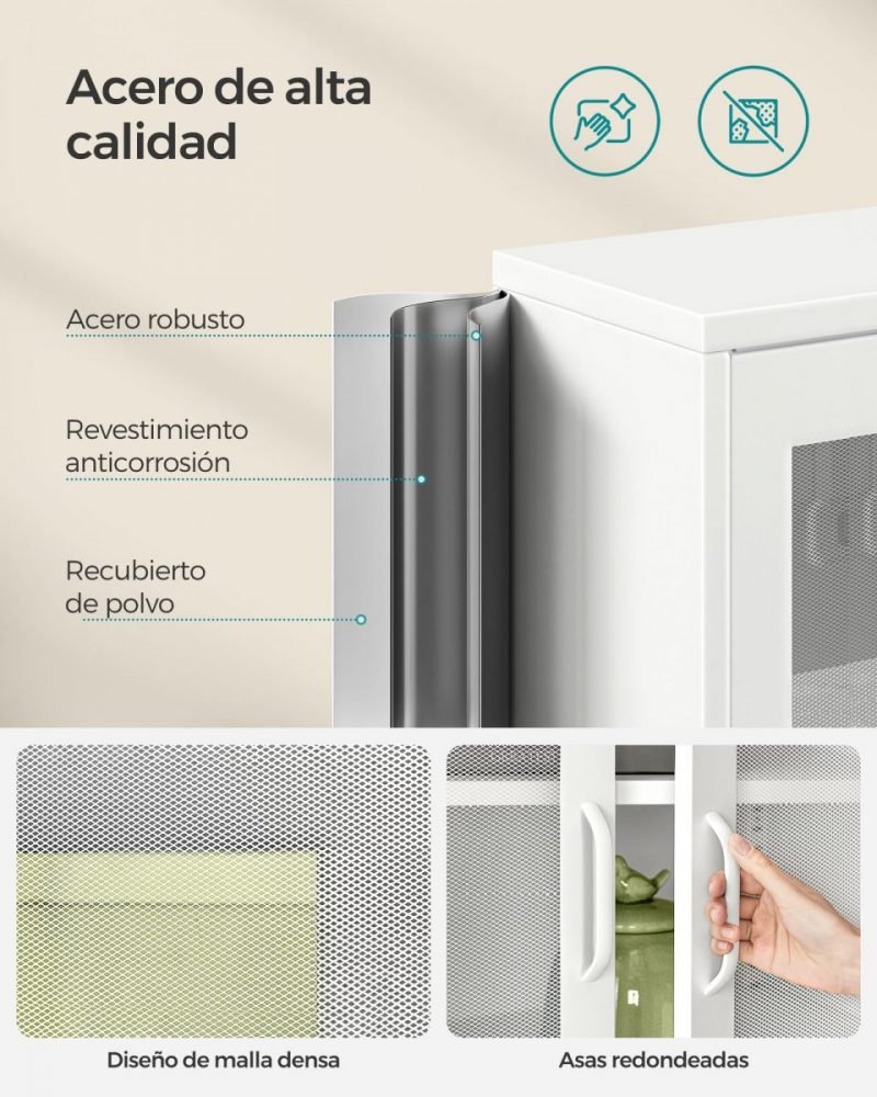 Aparador de metal con puertas de malla, blanco, 3 niveles - Imagen 7