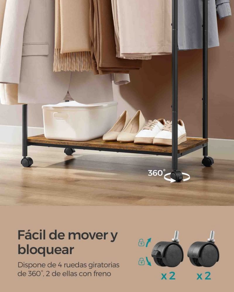 Perchero doble barra ajustable, ruedas, estante robusto, 100 kg, marrón rústico y negro tinta - Imagen 5