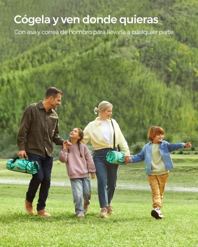 Manta picnic impermeable 200x200 cm, lavable, diseño helechos y verde - Imagen 3