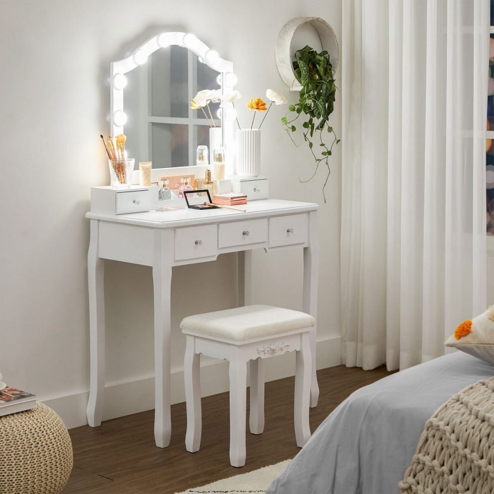 Tocador con luz led, taburete acolchado, 10 luces, 5 cajones - Imagen 5
