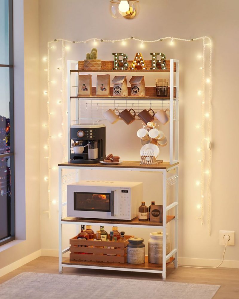 Estantería metálica entrada, toma de corriente, soporte para microondas, nogal y blanco - Imagen 2