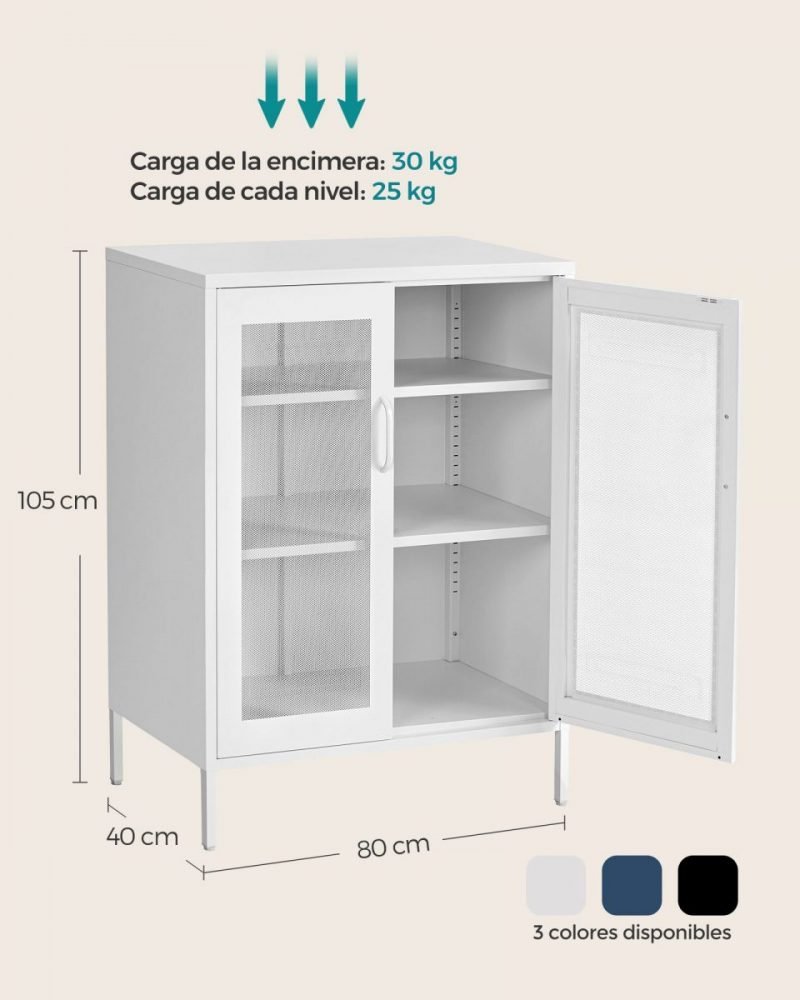 Aparador de metal con puertas de malla, blanco, 3 niveles - Imagen 2