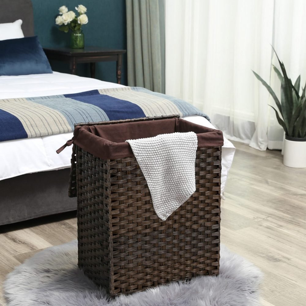Cesto de ropa sucia tejido a mano 90l, ratán sintético, marrón - Imagen 2