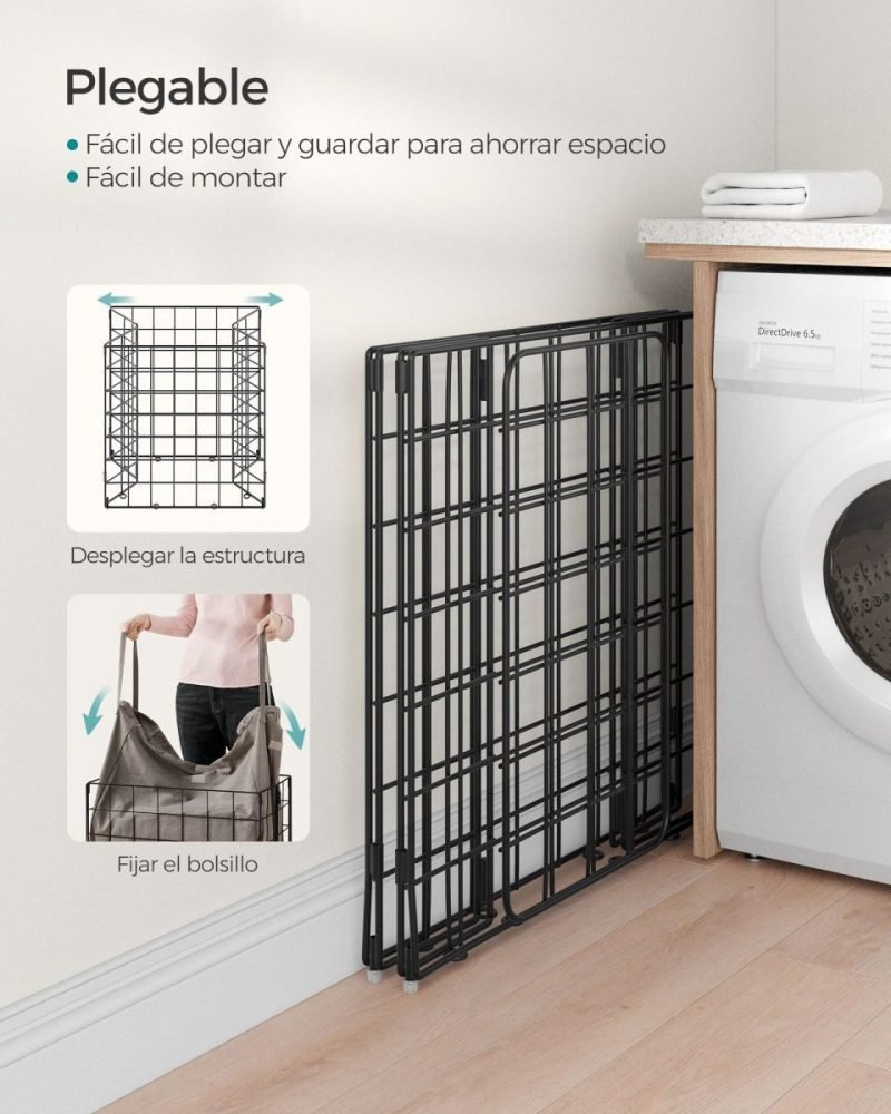 Cesto de ropa sucia plegable 110 litros, bolsa extraíble lavable, marrón - Imagen 6