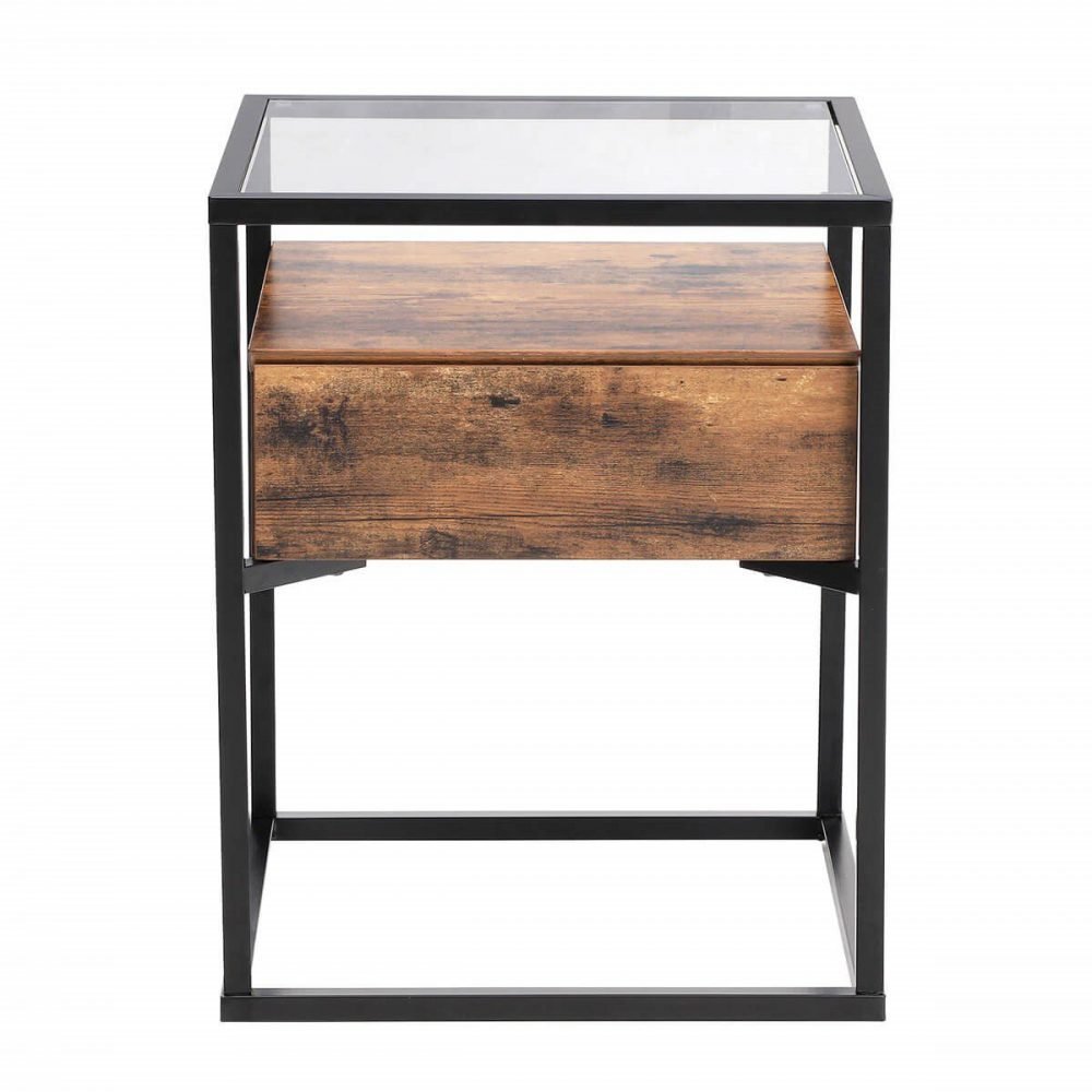 Mesa auxiliar con cristal templado, cajón y repisa, rústica - Imagen 3