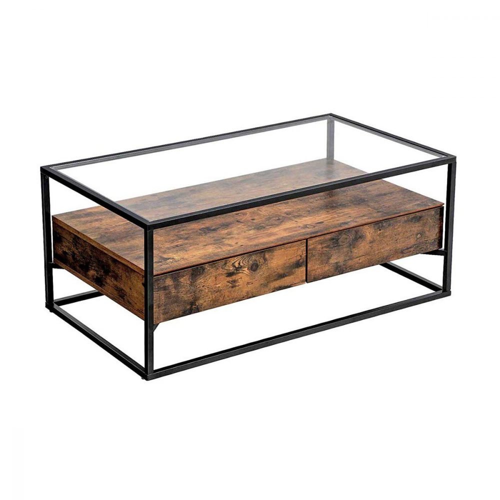 Mesa de centro estilo industrial, cristal, 2 cajones y estante