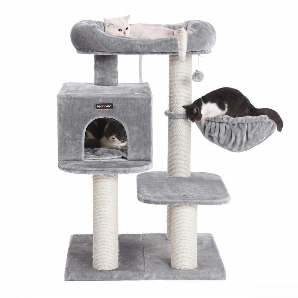 Rascador para gatos con plataforma y tumbona, gris
